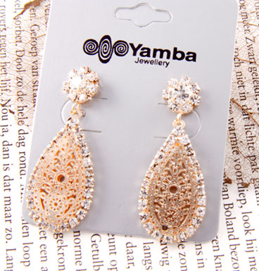 Earrings Red golden dangling drop with strass