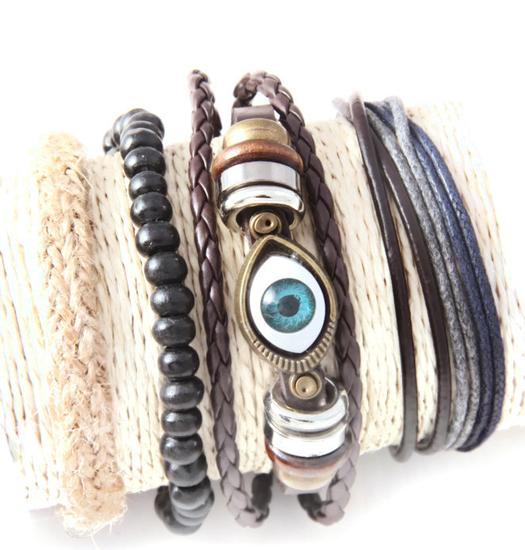 Set of 4 bracelets wood, rope and the lucky eye