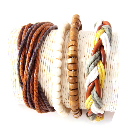 Set of 4 bracelets, rope, wood, wire