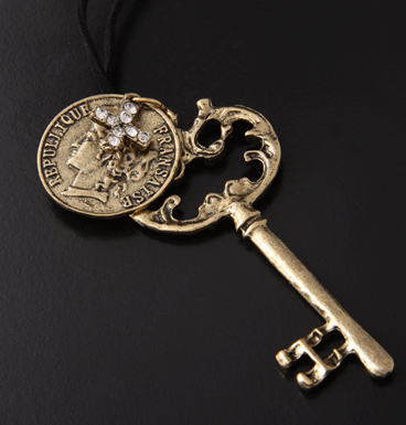 Leather necklace, key with cross & coin